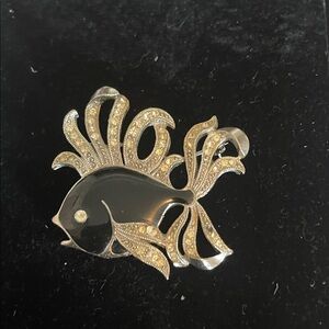 Silver and Black enamel Gold Fish Brooch -